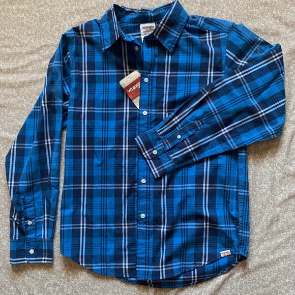 Wrangler Boys' Navy + Blue Plaid ‘Authentics’ Western Shirt; XXL - Picture 2 of 6